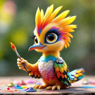The primary subject of the image is a small, colorful bird with a paintbrush in its hand. The bird is standing on a table, surrounded by a variety of colors and textures. The setting appears to be a creative workspace, with the bird possibly being a character from a children's story or a piece of digital art. The visual style of the image is a combination of realism and whimsy, with the bird's vibrant colors and the presence of the paintbrush adding a touch of play